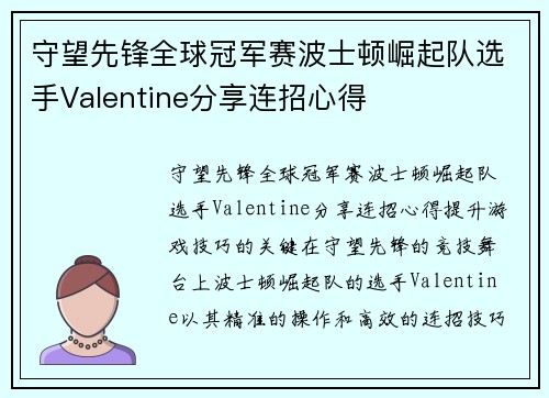 守望先锋全球冠军赛波士顿崛起队选手Valentine分享连招心得