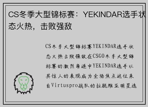 CS冬季大型锦标赛：YEKINDAR选手状态火热，击败强敌